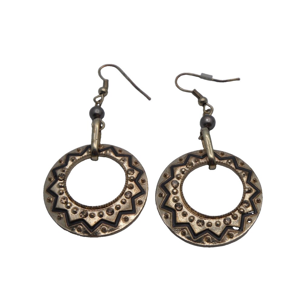 Vintage Boho Earrings Gold Hoop Dangle Etched Pierced Geometric Tribal Chevron